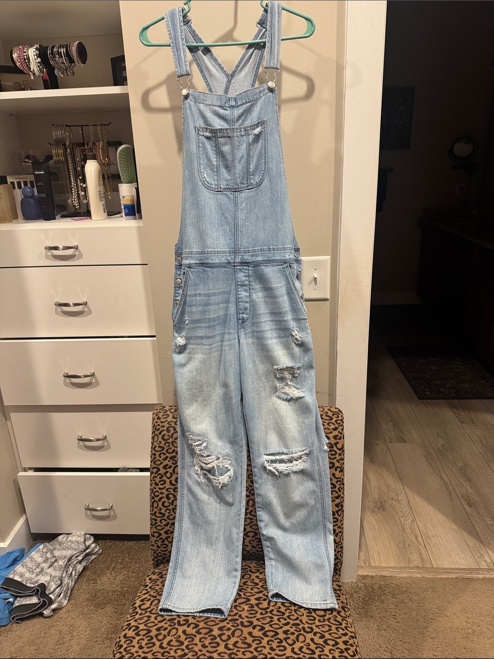 American Eagle Outfitters Light Blue Distressed Denim Overalls - Women